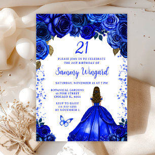 Royal Blue Brown Hair Princess Birthday Party Invitation