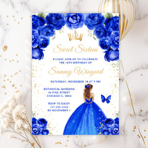 Royal Blue Brown Hair Princess Sweet Sixteen Invitation