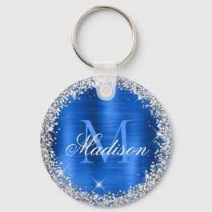 Royal Blue Brushed Metal Silver Glitter Monogram  Key Ring