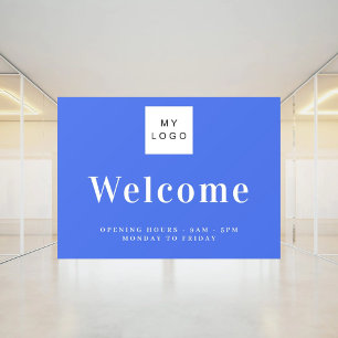 Royal blue business logo welcome opening hours window cling