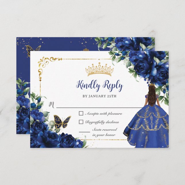 Royal Blue Butterflies Princess Gold Quinceañera RSVP Card (Front/Back)