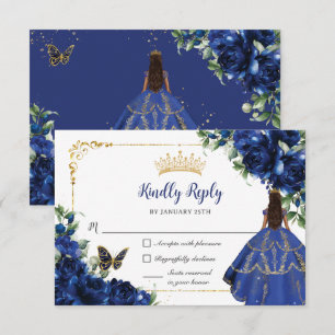 Royal Blue Butterflies Princess Gold Quinceañera RSVP Card