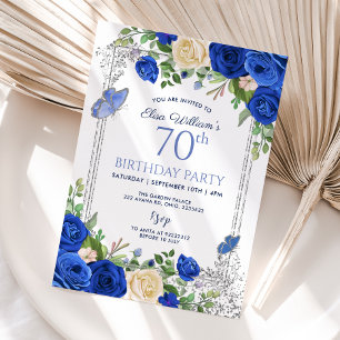 Royal Blue Butterfly Garden Party 80th Birthday Invitation
