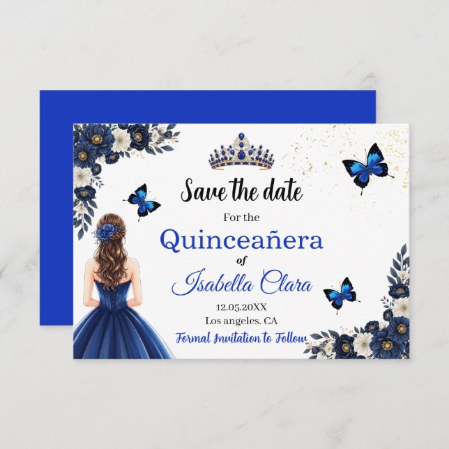 Royal Blue Butterfly Quinceañera Save the Date (Front/Back)