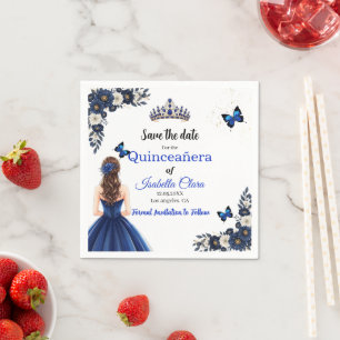 Royal Blue Butterfly Quinceañera Save the Date Napkin