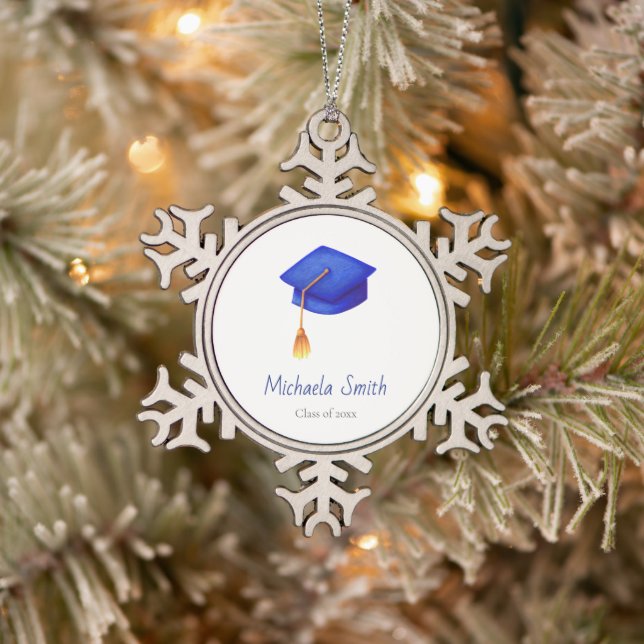 Royal Blue Cap Graduation Christmas Snowflake Pewter Christmas Ornament (Tree)
