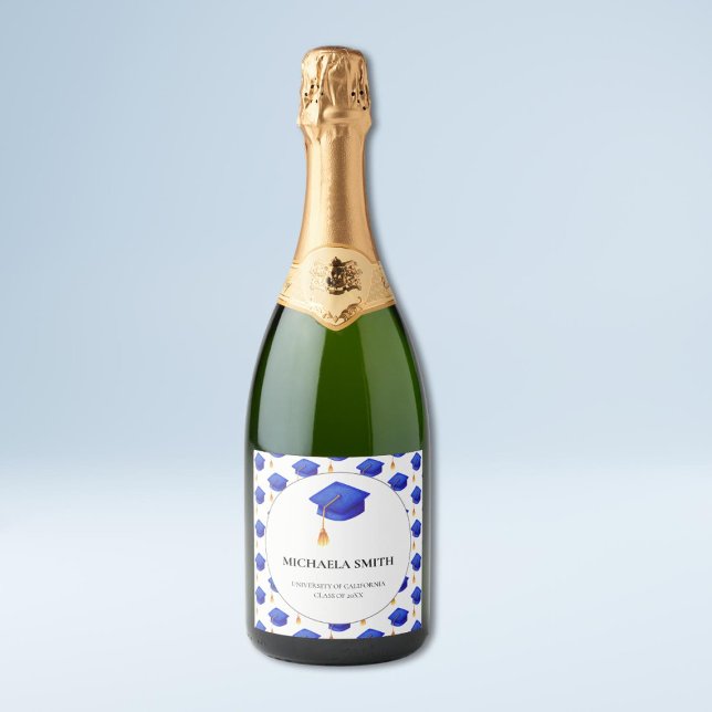 Royal Blue Cap Graduation Sparkling Wine Label (Creator Uploaded)