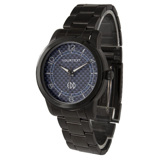 Royal Blue Carbon Fibre Style Personalised Dial Watch (Angled)