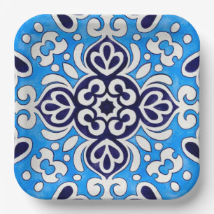 Royal Blue Ceramic Classic Geometric Mosaic Paper Plate