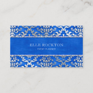 Royal Blue Cerulean Glimmer Damask Silver Business Card