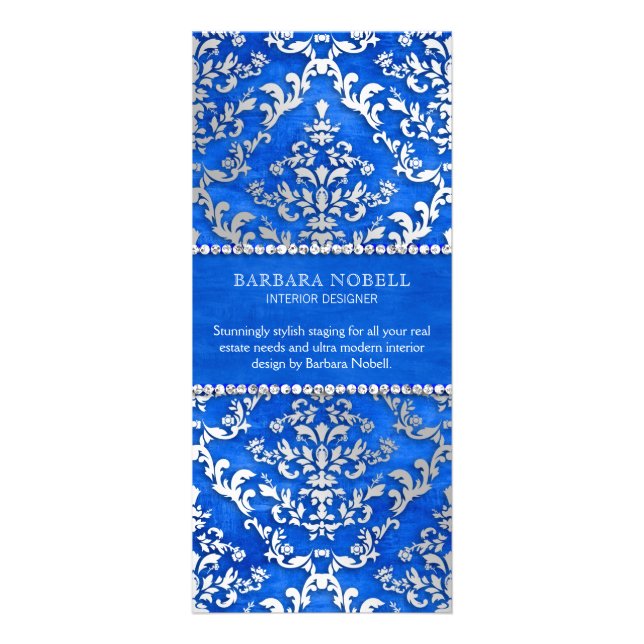 Royal Blue Cerulean Glimmer Damask Silver Rack Card (Back)