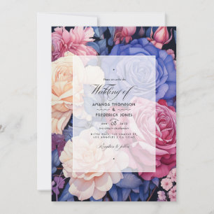 Royal Blue, Champagne, Cream Rose & Mauve Wedding Invitation