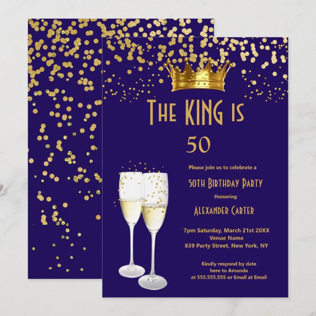 Royal blue Champagne men’s king 50 birthday Party Invitation (Front/Back)