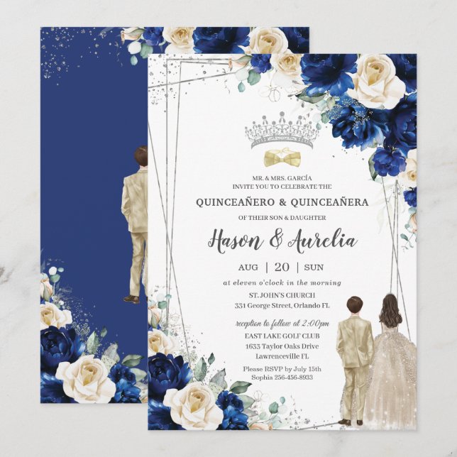 Royal Blue Champagne Twins Boy Girl Quinceañera Invitation (Front/Back)