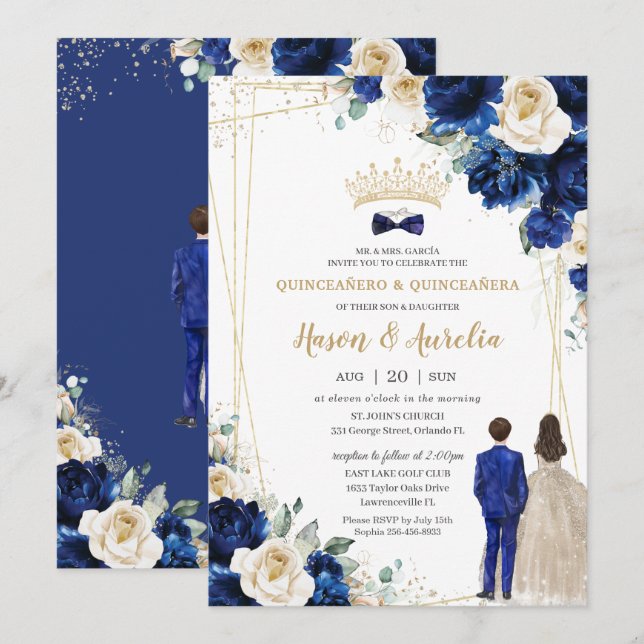 Royal Blue Champagne Twins Boy Girl Quinceañera Invitation (Front/Back)