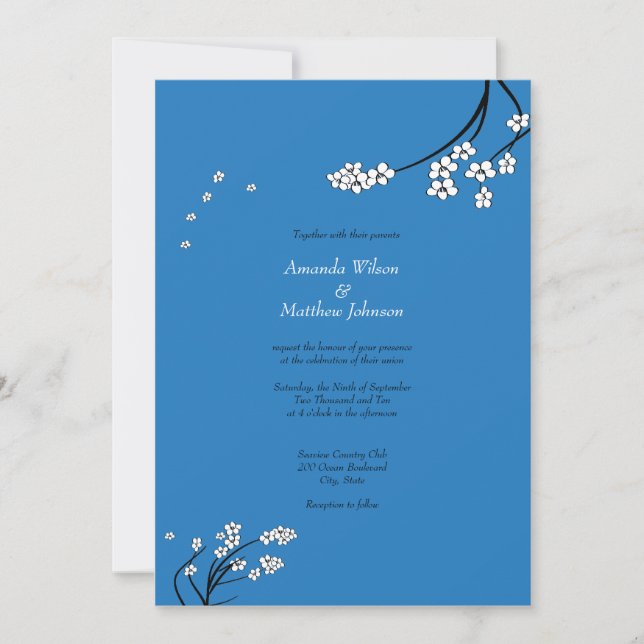 Royal Blue Cherry Blossom Wedding Invitations (Front)