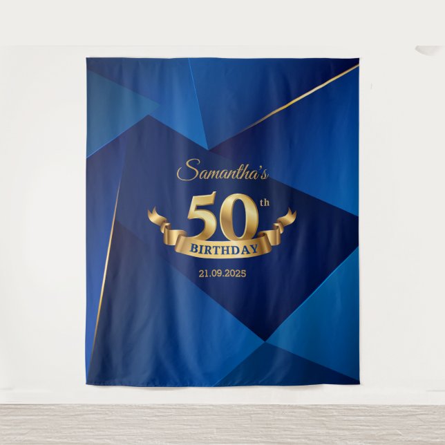 Royal blue chic modern 50th birthday backdrop tapestry (Front)