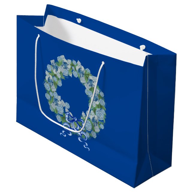Royal Blue Christmas Chinoiserie Wreath  Large Gift Bag (Front Angled)