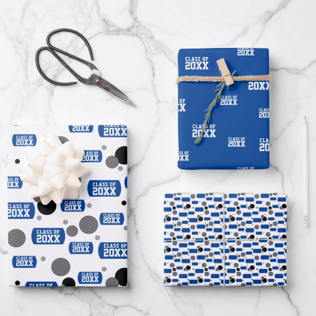 Royal Blue "Class Of" Dog Tag and Dots Pattern Wrapping Paper Sheet (Front)