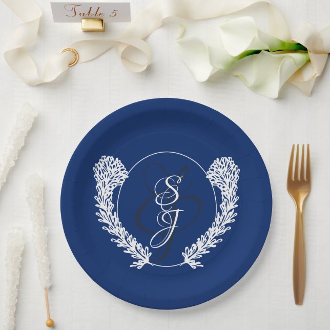 Royal Blue Classic Monogram Wedding  Paper Plate (Wedding)