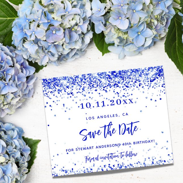 Royal blue confetti birthday budget save the date (Creator Uploaded)