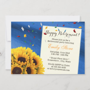 Royal Blue Confetti Sunflowers Retirement Party Invitation