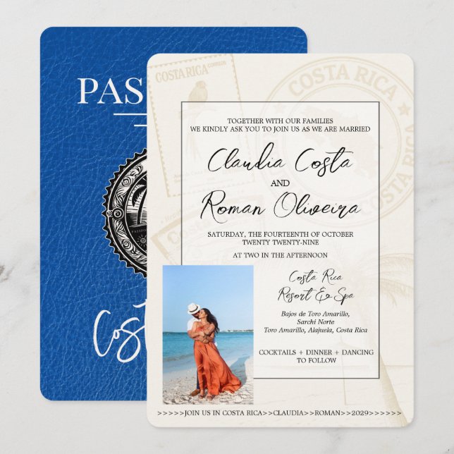 Royal Blue Costa Rica Passport Wedding Invitation (Front/Back)