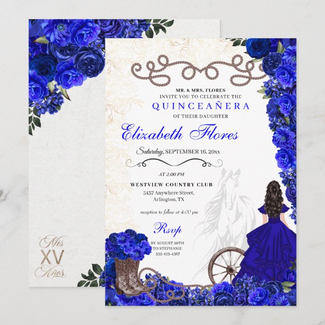Royal Blue Cowgirl Ranchero Western Quinceanera Invitation (Front/Back)