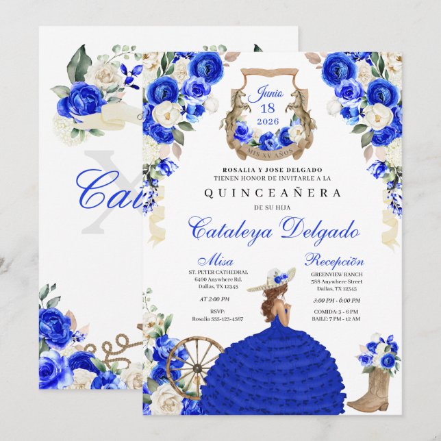 Royal Blue Cowgirl Western Princess Quinceañera Invitation (Front/Back)