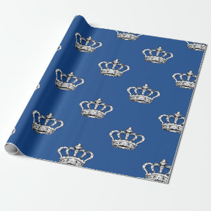 Royal Blue Crown Pattern on Blue Background Wrapping Paper