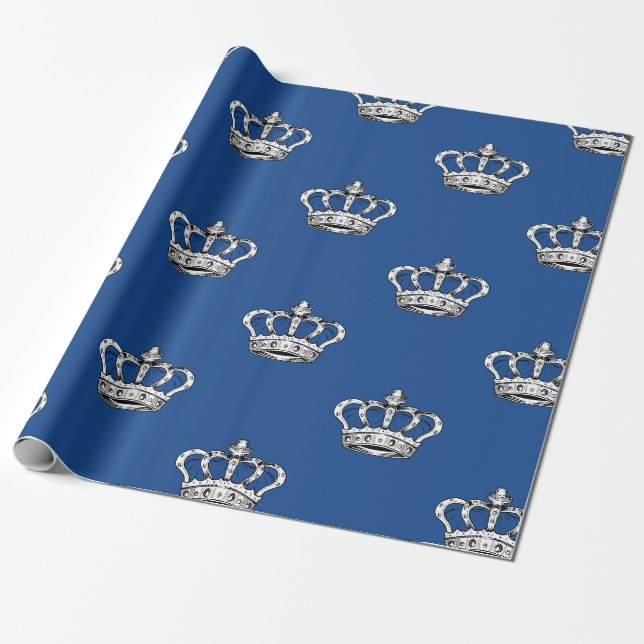 Royal Blue Crown Pattern on Blue Background Wrapping Paper (Unrolled)