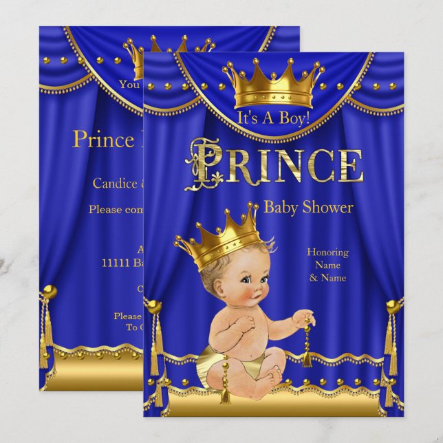 Royal Blue Crown Prince Baby Shower Gold Blonde Invitation (Front/Back)