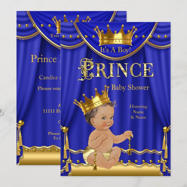 Royal Blue Crown Prince Baby Shower Gold Brunette Invitation (Front/Back)