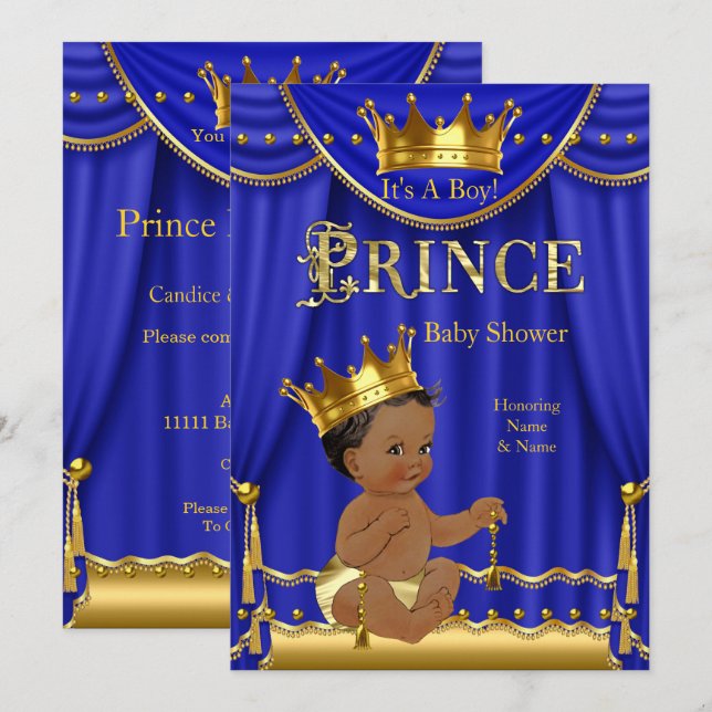 Royal Blue Crown Prince Baby Shower Gold Ethnic Invitation (Front/Back)