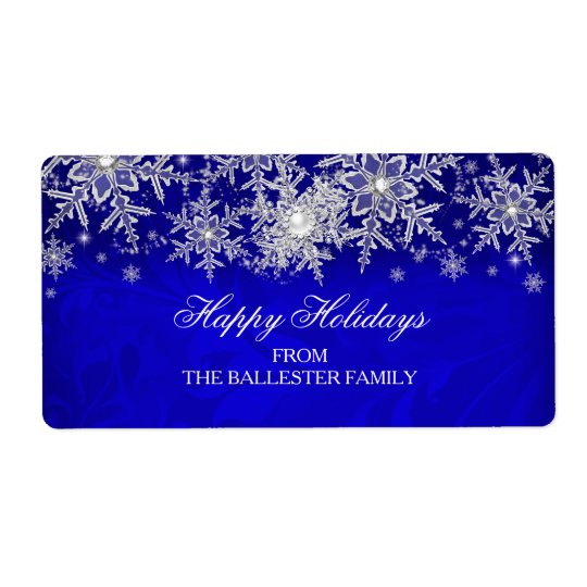 Royal Blue Crystal Pearl Snowflake Happy Holidays Shipping Label