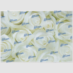 Royal Blue Customised Text on White Roses Floral Tissue Paper