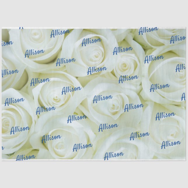 Royal Blue Customised Text on White Roses Floral Tissue Paper (Front)
