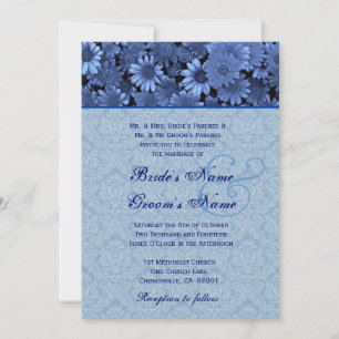 Royal Blue Daisy Damask Wedding Invitation