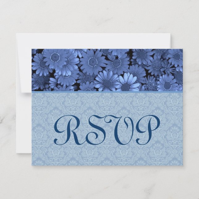 Royal Blue Daisy Damask Wedding RSVP Card (Front)