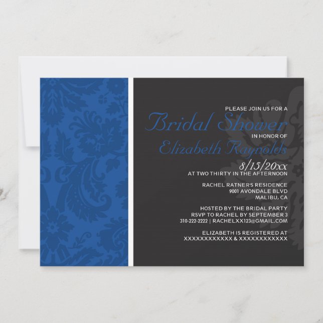 Royal Blue Damask Bridal Shower Invitations (Front)