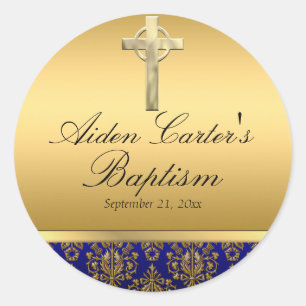 Royal Blue Damask & Cross Baptism Sticker