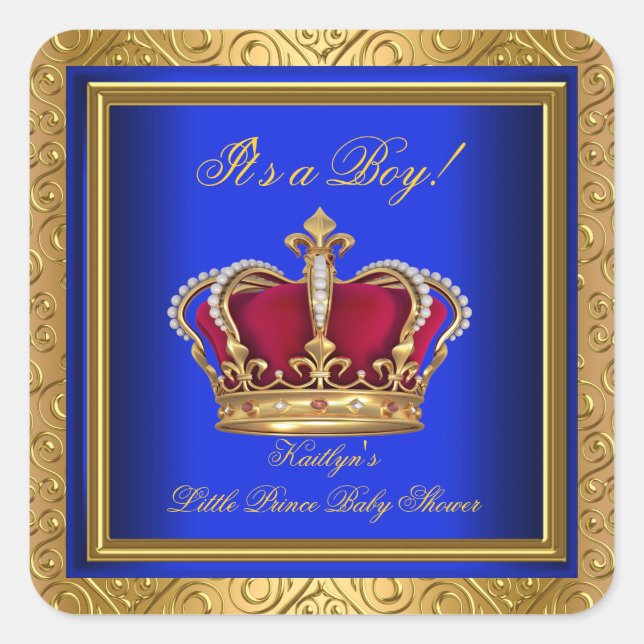 Royal Blue Damask Gold Baby Shower Boy Regal Square Sticker (Front)