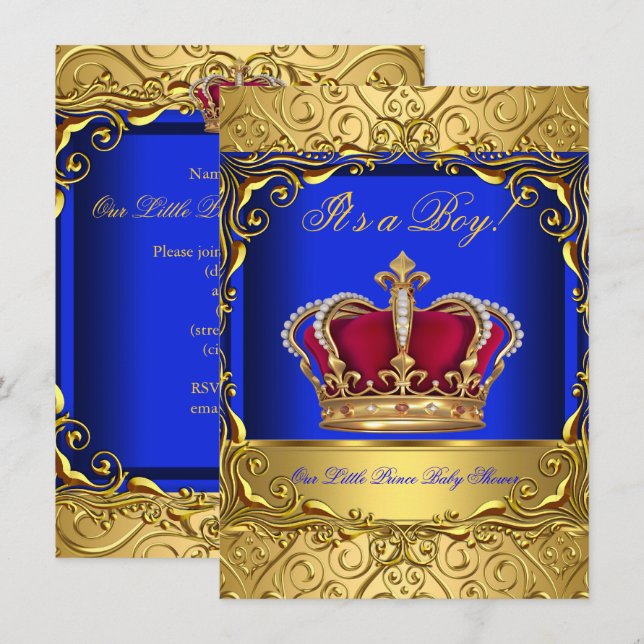 Royal Blue Damask Gold Crown Baby Shower Boy 4 Invitation (Front/Back)