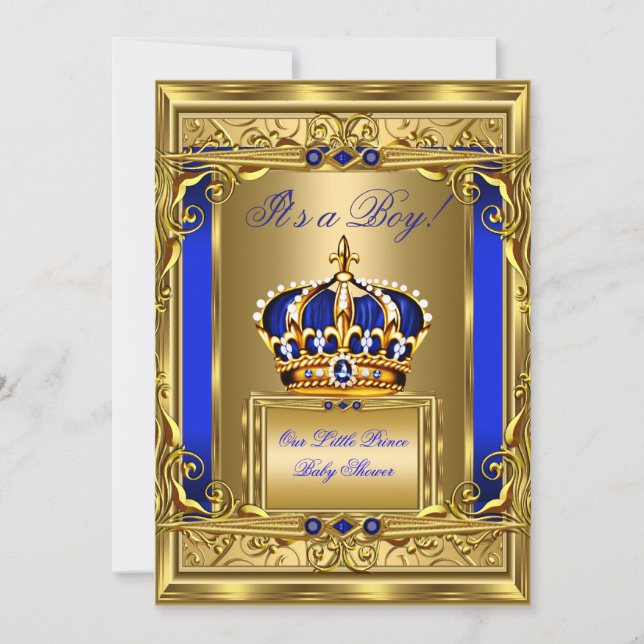 Royal Blue Damask Gold Crown Baby Shower Boy bg4 Invitation (Front)