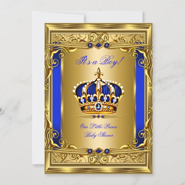 Royal Blue Damask Gold Crown Baby Shower Boy bg5 Invitation (Front)