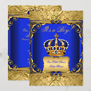 Royal Blue Damask Gold Crown Baby Shower Boy bs2 Invitation