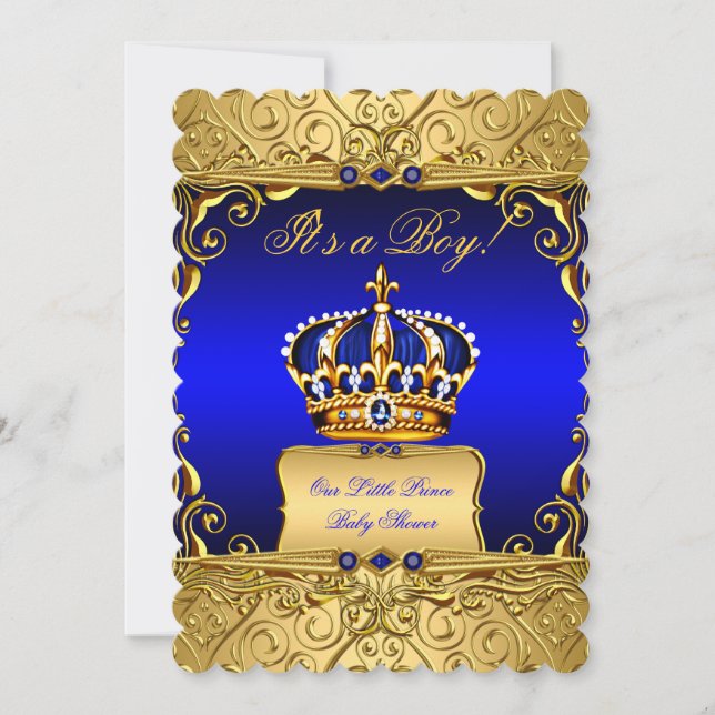 Royal Blue Damask Gold Crown Baby Shower Boy bs3 Invitation (Front)