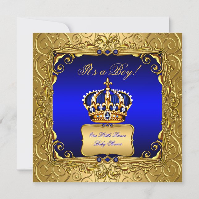 Royal Blue Damask Gold Crown Baby Shower Boy bs4 Invitation (Front)