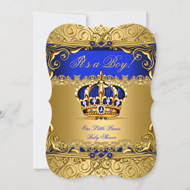 Royal Blue Damask Gold Crown Baby Shower Boy bs5 Invitation (Front)