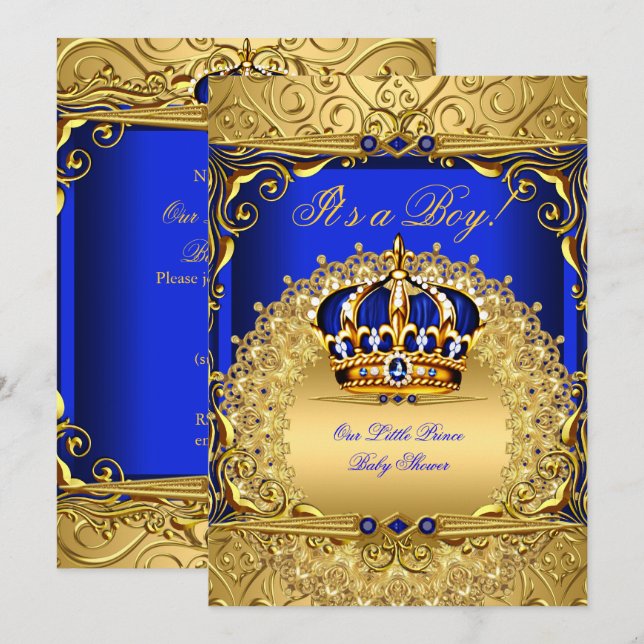 Royal Blue Damask Gold Crown Baby Shower Boy bs6 Invitation (Front/Back)